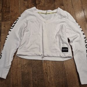 Calvin Klein White V-Neck Cropped Sweatshirt